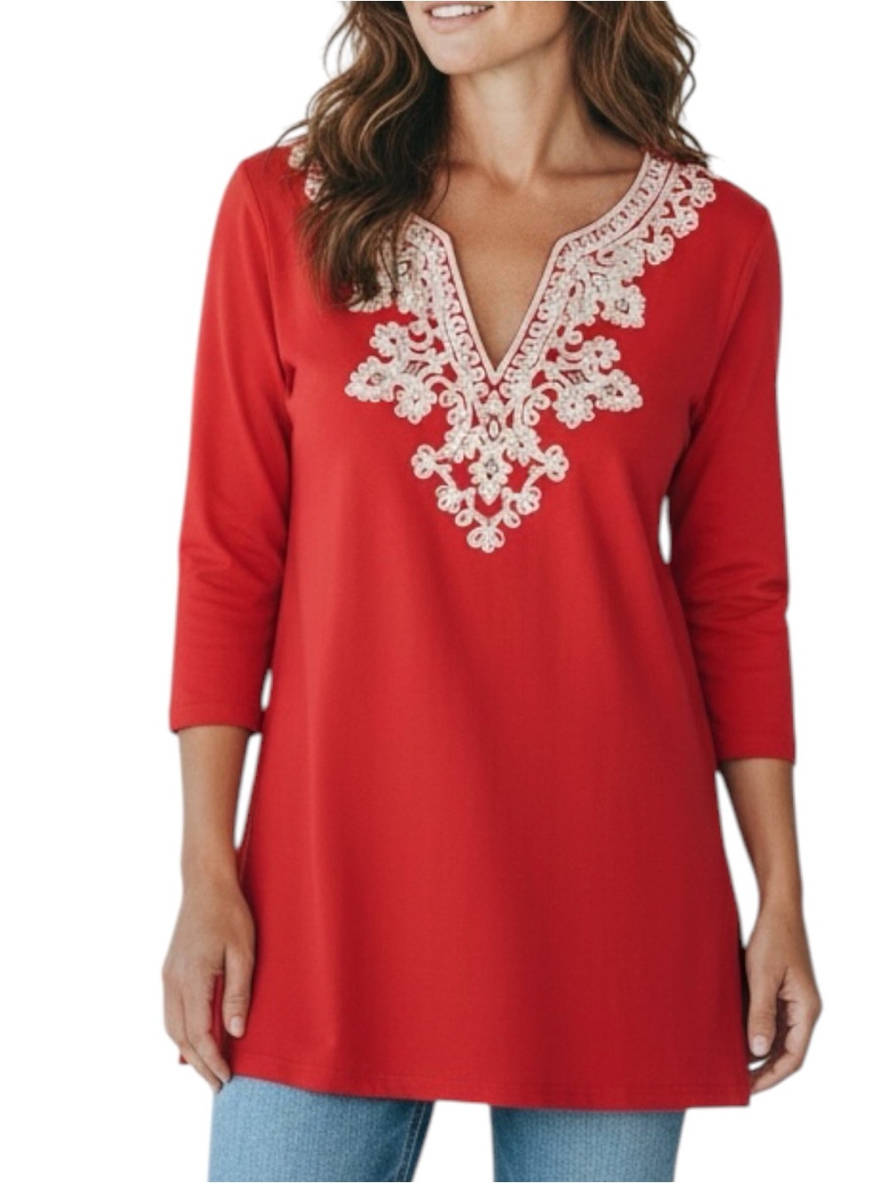 Peter Nygard Sz SMALL Red Cream Embroidered Gem Beaded V-Neck Tunic Top Beach